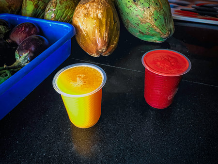Refreshing Fruit Drink with Fresh Produce at a Juice Stall, Morhabadi, Ranchi, Jharkhand.の写真素材