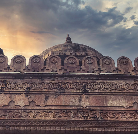 Historic Dome and Ornate Wall Architecture, Madras Museum Chennai, Tamil nadu, India.の写真素材