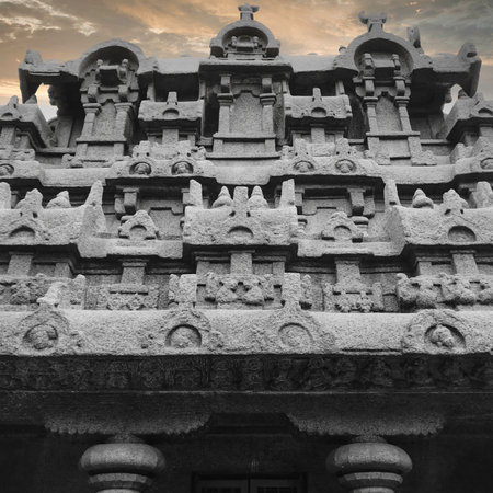 Intricate Stone Carvings of Nakula Ratha of Panch rathas Mahabalipuram Temple Gopuram, Tamil Nadu.の写真素材