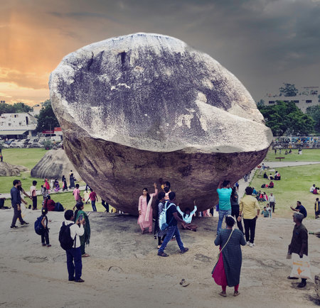 Krishnas Butterball in Mahabalipuram, Crowd Around Balancing Rock, Mahabalipuram, Tamil Nadu.の写真素材