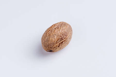 Closeup of Nutmeg, Myristica fragrans, against white backgroundの写真素材