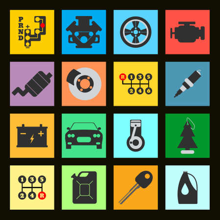 Set of Service Car flat icon on black background.Vector illustration.のイラスト素材