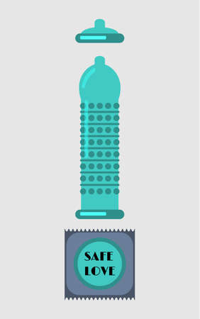 Condom and packages on white background. Blue latex condom. Vector illustrationのイラスト素材