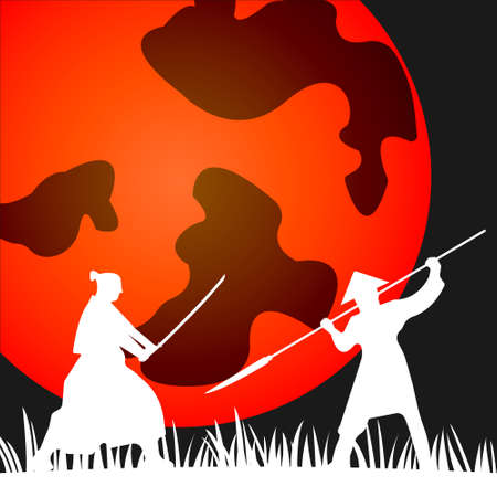 Japanese Samurai Warriors Silhouette with katana sword on Orange Sun background. Vector illustration.のイラスト素材
