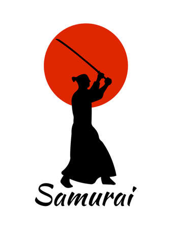 Japanese Samurai Warriors Silhouette with katana sword on Red Moon. Vector illustration.のイラスト素材