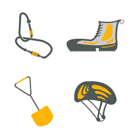 Carbine, hiking boots, shovel, helmet flat icons. Tourism equipment. Trip web elements. Vector illustration.のイラスト素材
