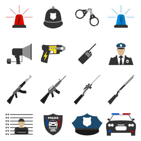 16 flat police icon. Protect and serve label. Vector Illustrationのイラスト素材