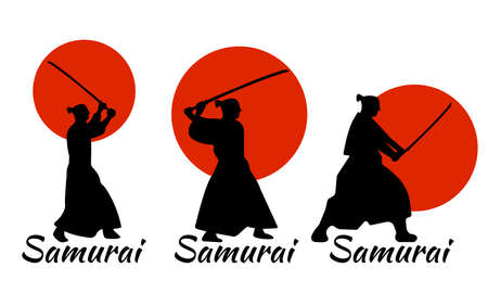 3 Japanese Samurai Warriors Silhouette with katana sword on Red Moon. Vector illustration.のイラスト素材