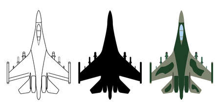 Fighter aircraft silhouette, cartoon, outline. Military equipment set icon. Vector illustration.のイラスト素材