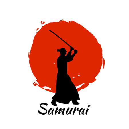 Japanese Samurai Warriors Silhouette with katana sword on Red Moon. Vector illustration.のイラスト素材