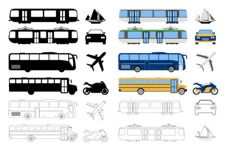 Set of flat urban transport icon. Cartoon, Outline, Silhouette Vector illustration.のイラスト素材