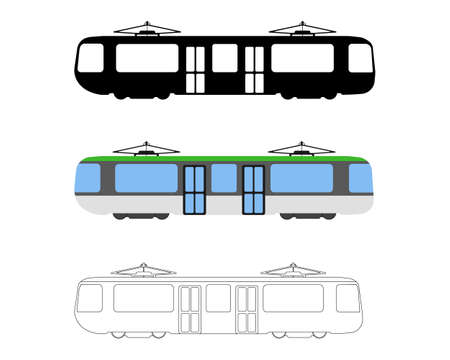 Set of Flat Tram icon. Cartoon, Outline, Silhouette Vector illustration.のイラスト素材