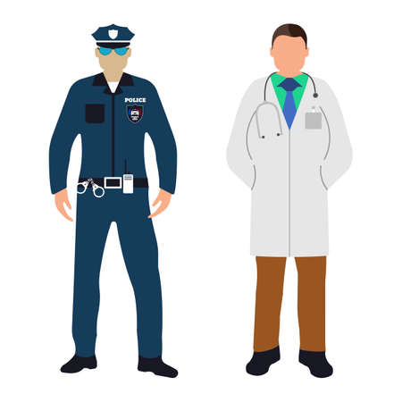 Policeman and Doctor flat icon. Service 911. Cartoon Vector illustration.