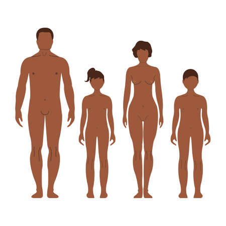 African man, woman, boy and girl. Human front side Silhouette. Isolated on White Background. Vector illustration.のイラスト素材