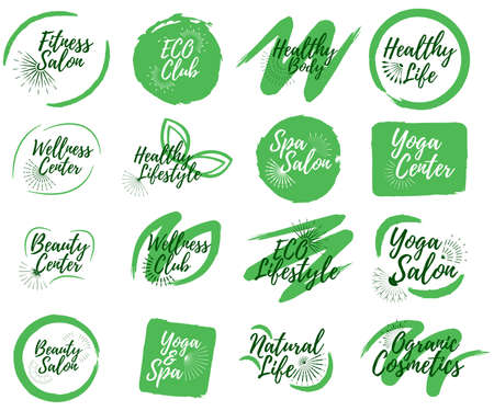 Set of Eco, Yoga club, Spa center and Sport salon label. 16 Healthy Lifestyle badges. Vector illustration icon with Sunburst.のイラスト素材