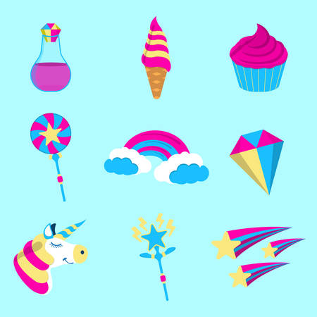 Set of Magic icon. Fantasy World of the Unicorn. Cartoon style. Vector Illustration.のイラスト素材