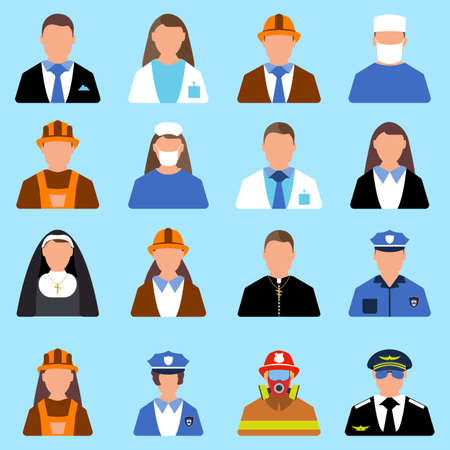 Set of Character Worker icon. Man and Woman label. Cartoon style. Vector Illustration.のイラスト素材