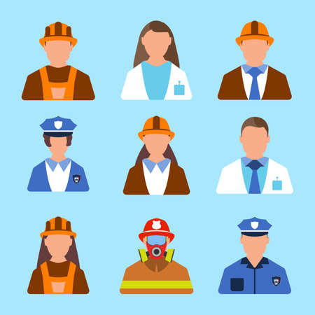 Set of Character Worker icon. Man and Woman label. Cartoon style. Vector Illustration.のイラスト素材