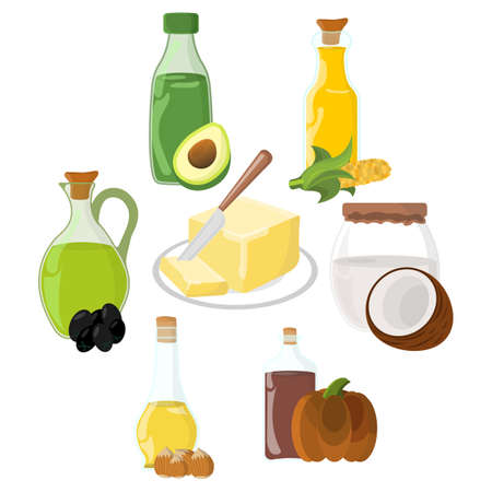 Set of Oil, Fat, Butter Icon. Food label,  for Web and Banners. Cartoon Vector Illustration.のイラスト素材
