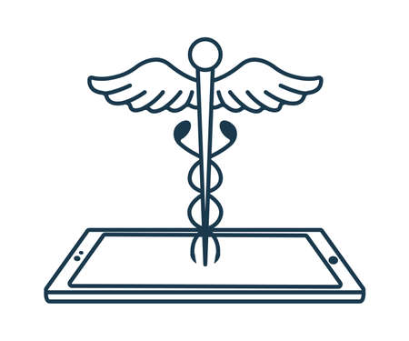 Caduceus with Smartphone Icon. Concept for Healthcare Medicine and Lifestyle. Outline Virtual Doctor. Medical Symbol, Icon and Badge. Simple Vector illustration.のイラスト素材