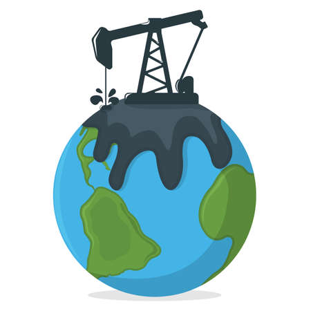 Oil Pollution Concept Icon and Label. Earth Pollution by Petroleum. Technogenic Catastrophe Symbol, Icon and Badge. Cartoon Vector illustration.のイラスト素材