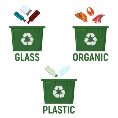Container for Recycling Waste Sorting - Plastic, Organic, Plastic. Waste, Trash Disposal and Recycling Web, Banner for Web and Smartphone. Simple and Cartoon Vector Illustration.のイラスト素材