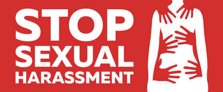 Stop Sexual Harassment and Bulling Banner on Red Background. Gender equality Label and Logo. Toxic...