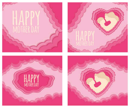 Happy mother day cutting paper shape 3D abstract banner, poster, gift card, flyer concept vector illustration. May holiday, romantic fiesta design layout with pink heart. Colorful carving art.のイラスト素材