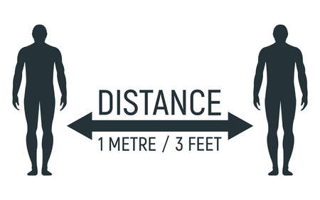 Silhouette people, human stand, coronavirus social distancing, black flat vector illustration. Design for quarantine banner, public poster, text quote, keep distance 1 metre, 3 foot, world dangerous.のイラスト素材