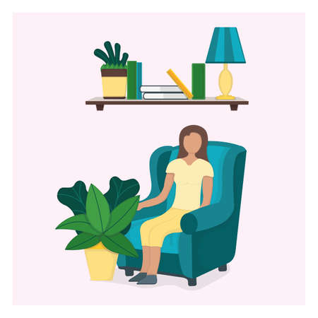Character female sitting chair with green leaf pot, woman rest and sleep isolated on pink, flat vector illustration. Cozy modern interior shelf and highchair.のイラスト素材