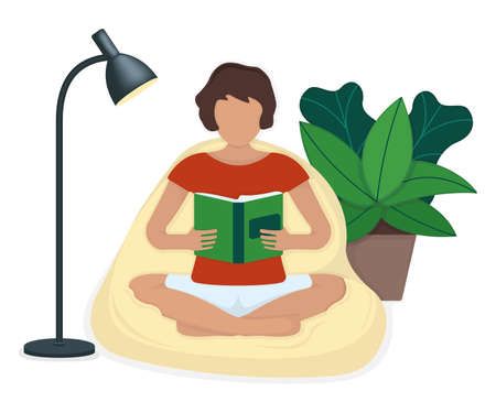 Character female sitting soft bag and read book with green leaf pot and floor lamp, woman rest isolated on blue, flat vector illustration. Cozy modern interior chair and floor area.のイラスト素材
