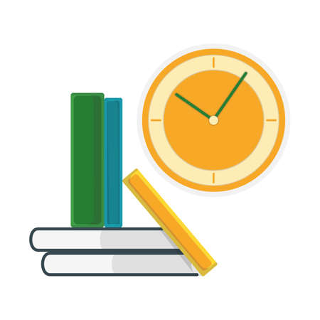 Green book stand with textbook and wall watch isolated on white, flat vector illustration. Home interior stuff, cozy fixture object.のイラスト素材