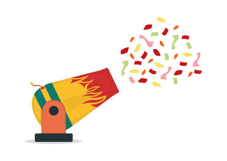 Circus cannon shot color paper, performance show carnival, icon isolated on white, flat vector illustration. Bright gun and painted artillery, fire pattern.のイラスト素材