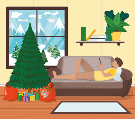 Male character rest couch and surf internet, man lie sofa relax cartoon vector illustration. Design interior. New year fir tree, christmas wood with box gift. Window with mountain, winter landscape.のイラスト素材