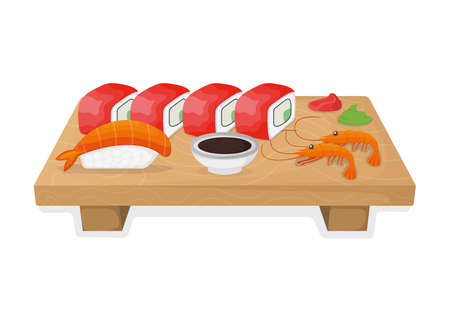 Set of sushi on wooden kitchen board, tuna fish roll and salmon minnow concept isolated on white, cartoon vector illustration. Design asian cuisine stuff, japanese meal idea menu for restaurant, cafe.のイラスト素材