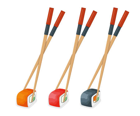 Special japanese wooden chopsticks, sushi tuna fish roll and salmon minnow concept isolated on white, cartoon vector illustration. Design asian special stuff for food.のイラスト素材