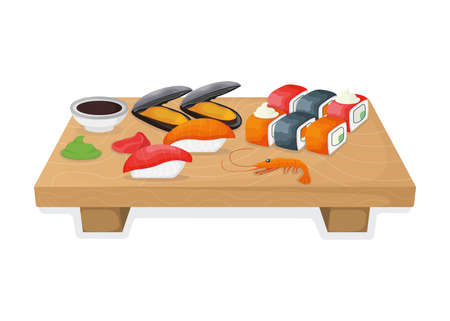 Set of sushi on wooden kitchen board, tuna fish roll and salmon minnow concept isolated on white, cartoon vector illustration. Design asian cuisine stuff, japanese meal idea menu for restaurant, cafe.のイラスト素材