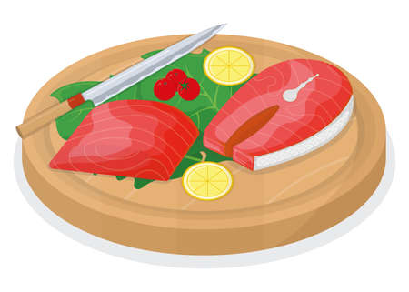 Cut up tuna fish roll and salmon minnow on wooden kitchen board concept isolated on white, cartoon vector illustration. Design preparation seafood, special stuff for cooking, sharp knife slice meat.のイラスト素材