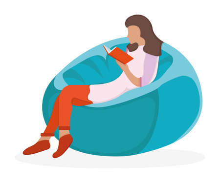 Woman character sitting soft bag chair, female read book and study isolated on white, flat vector illustration. Cartoon design concept, girl resting and research volume stuff.のイラスト素材