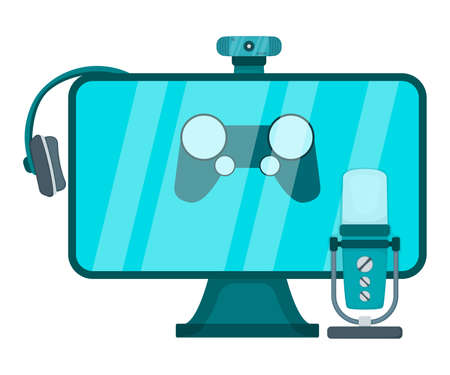 Modern technology professional monitor with webcam, headset microphone flat vector illustration, isolated on white. Remote video chat conversation, online record voice and listen music, stream stuff.のイラスト素材