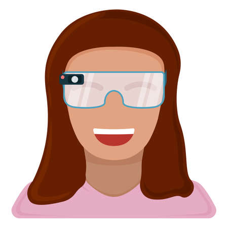 Female character in virtual reality glasses, modern technology augmented reality isolated on white, flat vector illustration. Future hardware stuff, woman people remote communication device.のイラスト素材