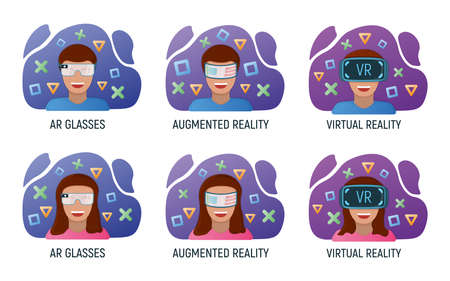 Male and female character in virtual reality glasses, modern technology augmented reality isolated on white, flat vector illustration. Future hardware stuff, people remote communication device.のイラスト素材