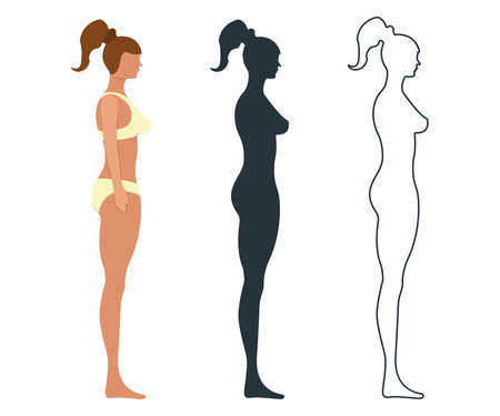 Female anatomy human character, people dummy front and view side body silhouette, isolated on white, flat illustration. Black, outline and cartoon mannequin people scale concept.のイラスト素材