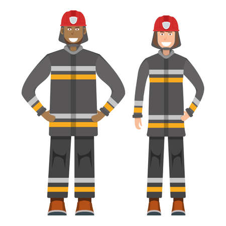 Character fireman standing isolated on white, flat vector illustration. Human male and female important firefighter professional activity, smiling people profession, social occupation.のイラスト素材
