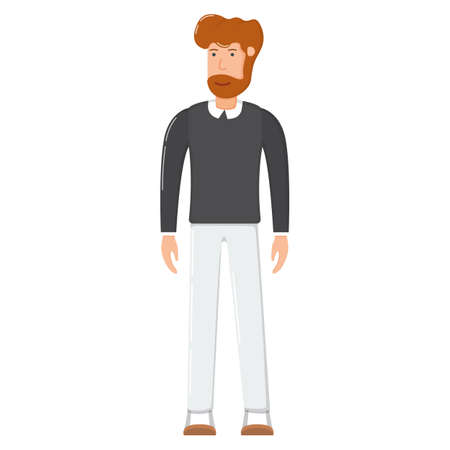 Bearded smiling male person standing, character man hipster cartoon vector illustration, isolated on white. Office worker clerk, concept modern businessman.のイラスト素材