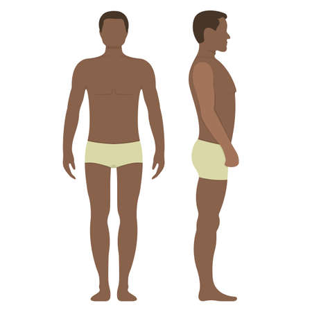 Black male anatomy human character, people dummy front and view side body silhouette, isolated on white, flat vector illustration. Cartoon mannequin people scale concept.のイラスト素材