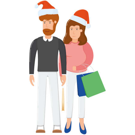Lovely couple man woman in xmas hat hold shopping bag package. cartoon vector illustration, isolated on whiteのイラスト素材