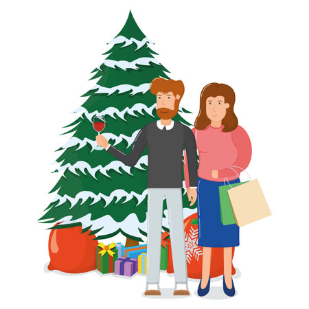 Lovely couple character hold wine glass, xmas fir tree with gift box, merry christmas souvenir bag cartoon vector illustration, isolated on white. Concept happy person family new year holiday.のイラスト素材