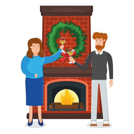 Woman, man character hold wine glass, fireplace xmas fir tree with gift box, merry christmas souvenir cartoon vector illustration, isolated on white. Concept happy person standing new year holiday.のイラスト素材