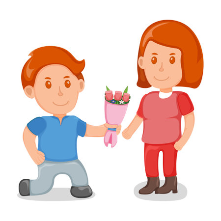 Young lover male give bouquet flower to female character, lovely people couple, standing together cartoon vector illustration, isolated on white. Concept pair amorous day, cute date time.のイラスト素材